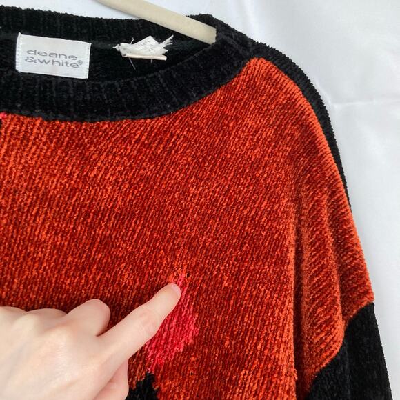VTG 90s Womens M FLAW Orange Black Geometric Argyle Sweater Cozy Abstract Funky - Picture 8 of 12